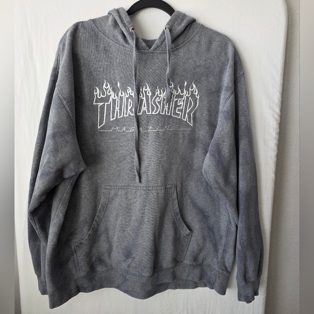 Thrasher Silver Flame Hoodie Grey Tie Dye Skate Aesthetic Streetwear Large
